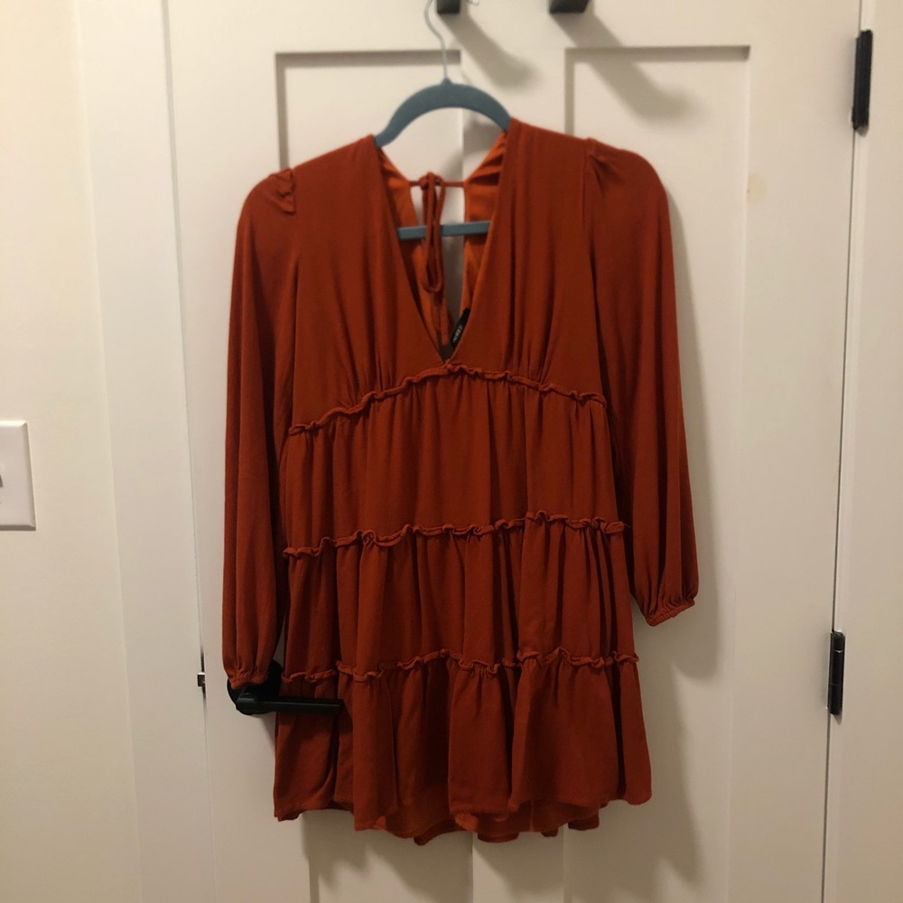 Flowy Burnt Orange Long Sleeve Mini Dress